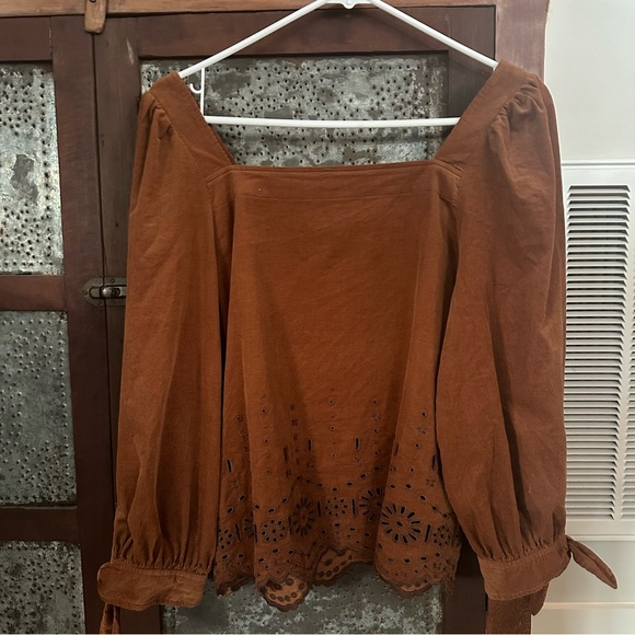 Madewell Embroidered Eyelet Corduroy Tie-Sleeve Top Small Rust Color Scalloped - Picture 5 of 7